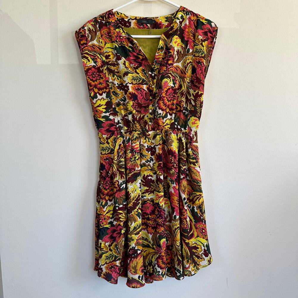 THML Womens Floral Print Button Front V-Neck Short Sleeve Flowy Dress Size M